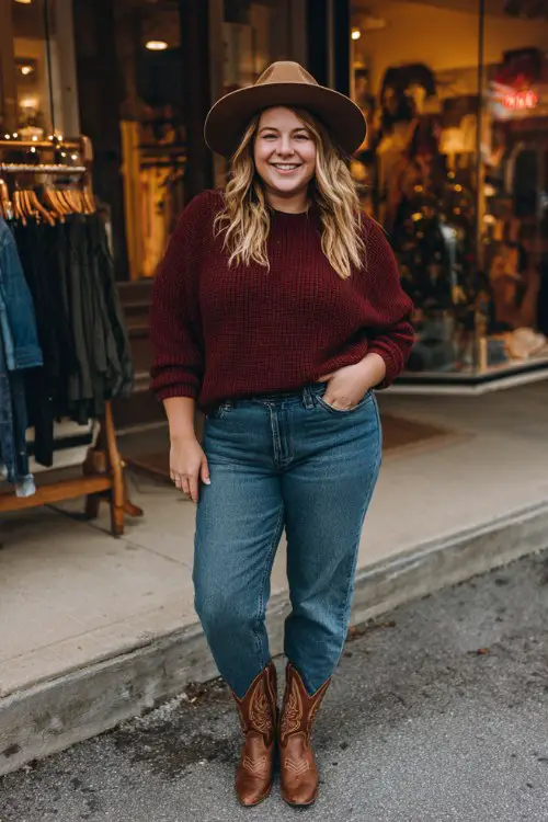 A plus size woman wears brown cowboy boots with bootcut jeans, a fitted ribbed sweater in burgundy, and a wool fedora