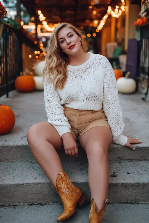 A plus size woman wears tan cowboy boots with paperbag waist shorts and a cropped cream sweater