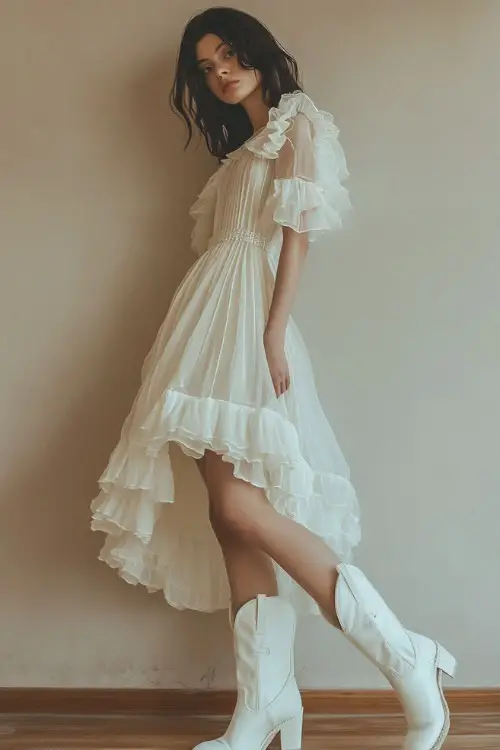 A woman in a pearl-white A-line dress with ruffled details, paired with white cowboy boots, standing against a neutral beige wall (2)