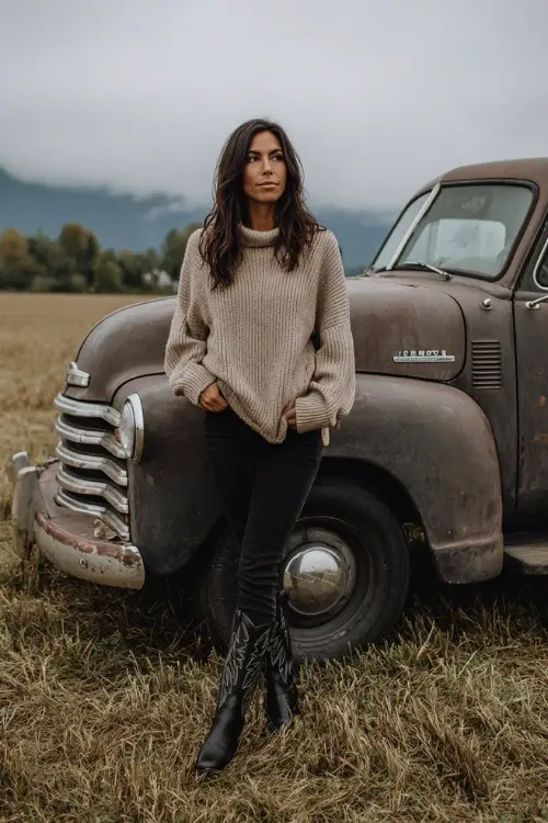 A woman over 30 wears an oversized taupe sweater with skinny black jeans and polished black cowboy boots