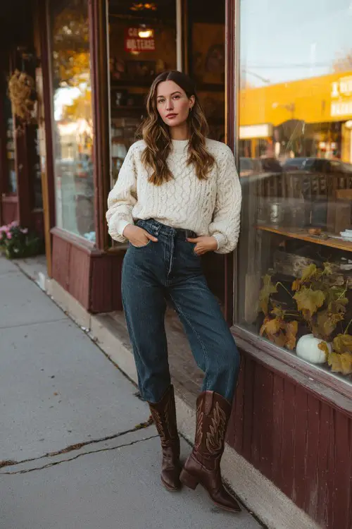 A woman over 30 wears dark brown cowboy boots with high-waisted straight-leg jeans and a cream cable-knit sweater
