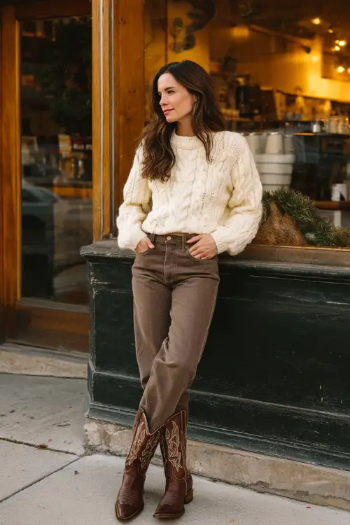 A woman over 30 wears dark brown cowboy boots with high-waisted straight-leg jeans and a cream cable-knit sweater