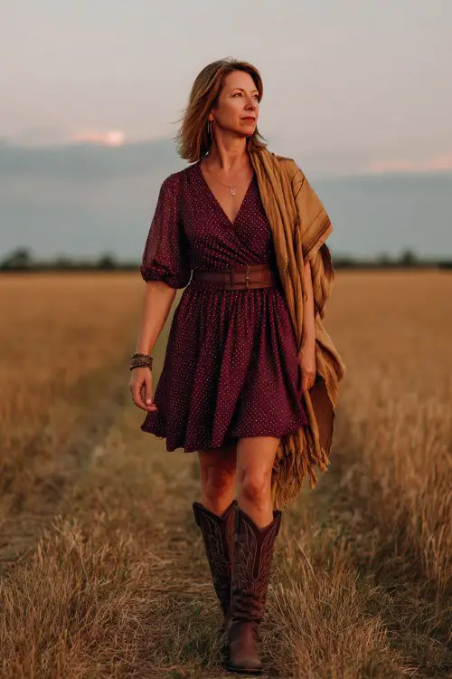 A woman over 40 wears a burgundy fit-and-flare dress with sheer dotted sleeves and dark brown cowboy boots, layered with a camel wrap
