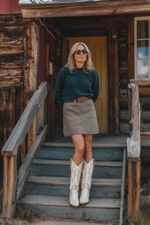 A woman over 40 wears white embroidered cowboy boots with a dark green sweater and a tweed mini skirt