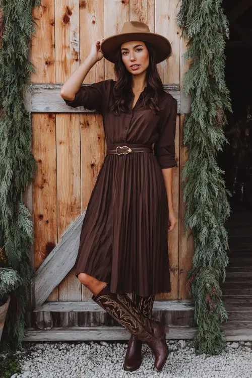 A woman wears a chocolate brown pleated midi dress with tall embroidered cowboy boots