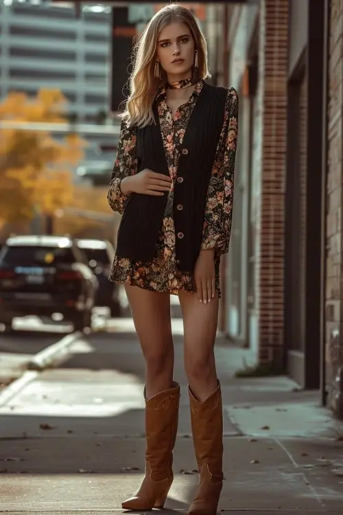 A woman wears a floral dress with a black knitted vest and tan cowboy boots