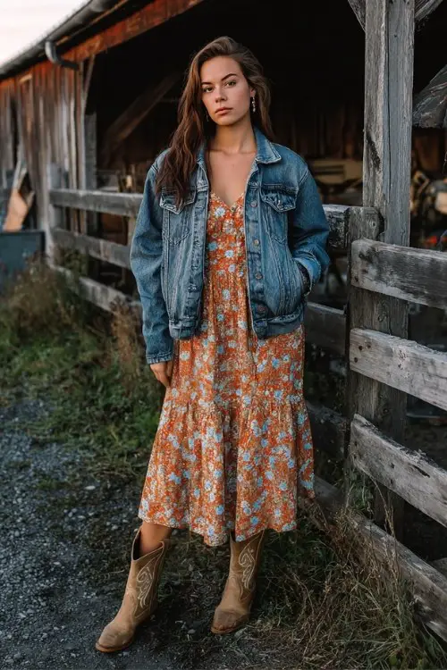 A woman wears a floral midi dress with a denim jacket and short cowboy boots