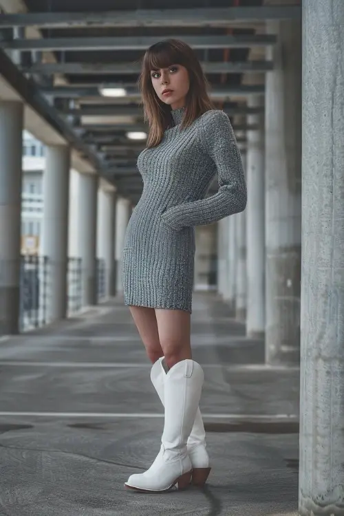 A woman wears a grey sweater dress and white cowboy boots (2)