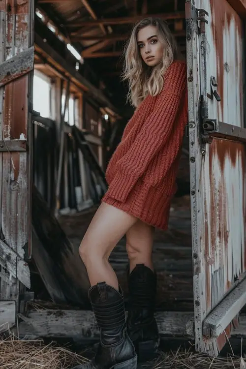 A woman wears a short brown sweater dress and black cowboy boots