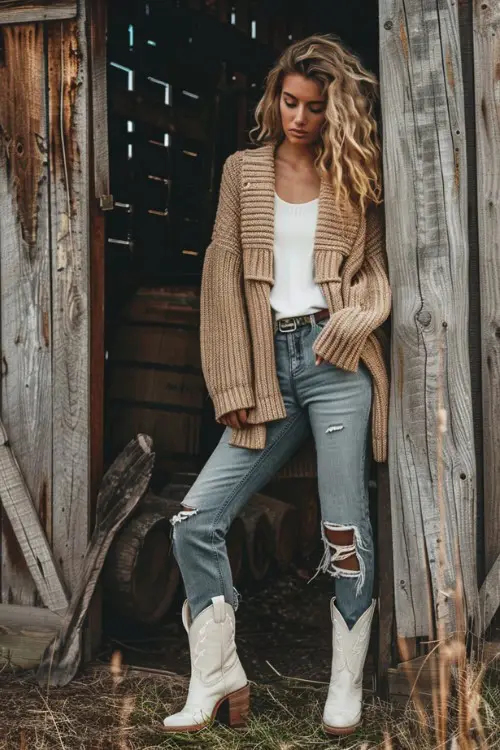 A woman wears a short white cowboy boots with ripped jeans, cardigan and a white underneath shirt
