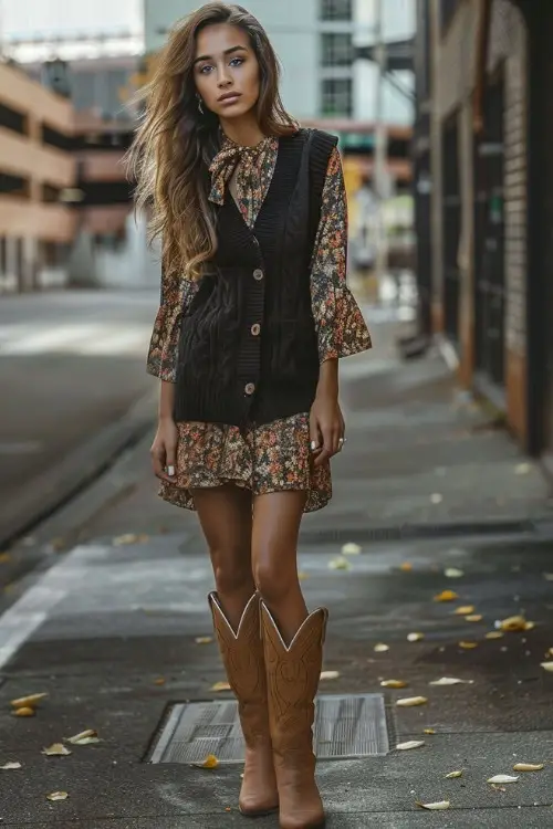 A woman wears a shortfloral dress with a black knitted vest and tan cowboy boots