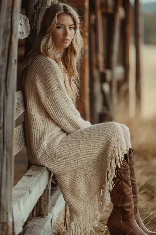 A woman wears brown cowboy boots with a beige sweater dress