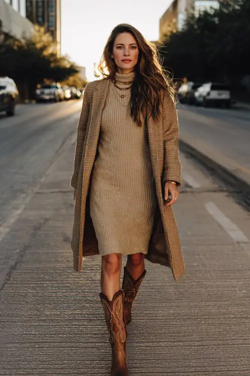 A woman wears brown tall cowboy boots with a long tan coat and a soft ribbed turtleneck dress 