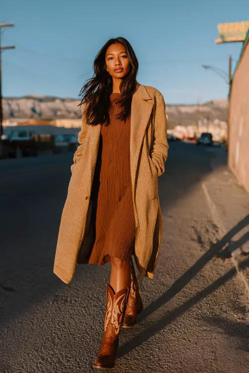 A woman wears brown tall cowboy boots with a long tan coat and a soft ribbed turtleneck dress