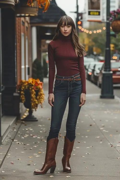 A woman wears cowboy boots with jeans and fitted turtleneck