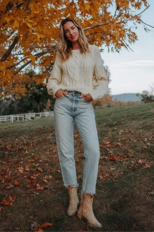 A woman wears light-wash straight-leg jeans, a cable-knit cream sweater tucked in front, and ankle cowboy boots