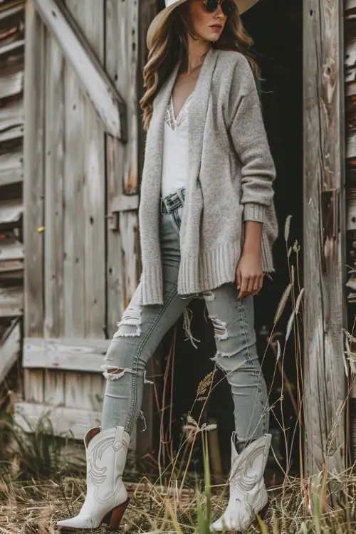A woman wears ripped jeans, short white cowboy boots, simple shirt and a big cardigan