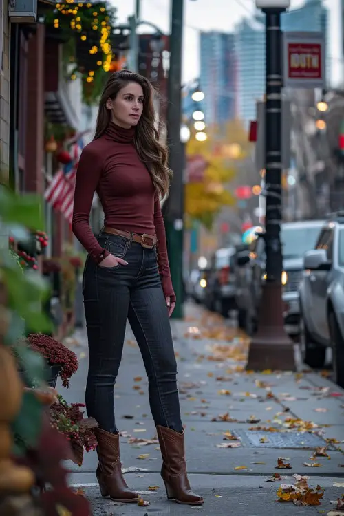 A woman wears short brown cowboy boots with skinny jeans, belt and a fitted top