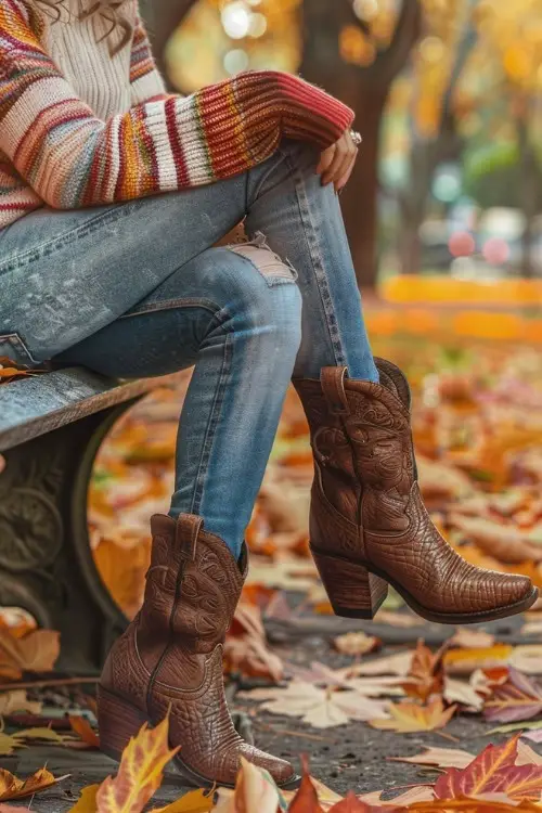 A woman wears short cowboy boots with jeans and a colorful sweater