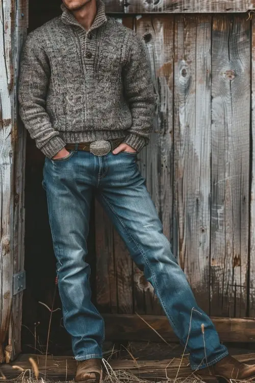 a man wears a grey sweater, blue jeans, a brown belt and brown cowboy boots