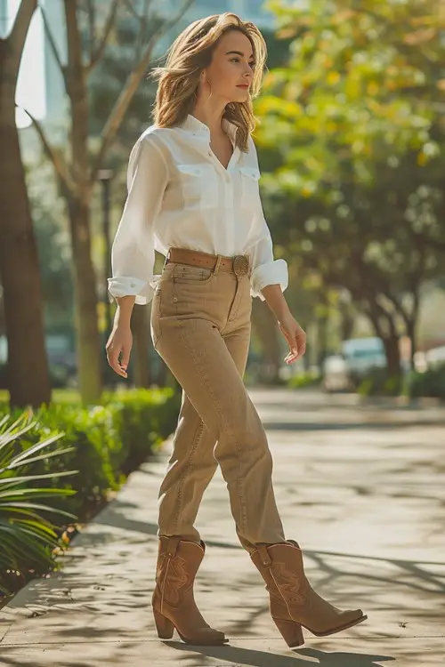 a man wears brown cowboy boots, a white shirt, with khaki pants