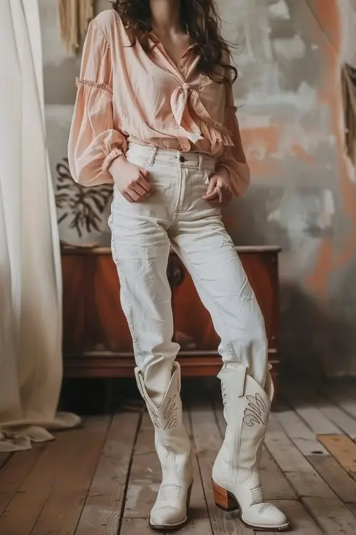a man wears white cowboy boots, a pink shirt, and jeans