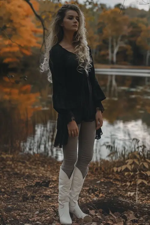 a woman wears a black dress, leggings, and white cowboy boots