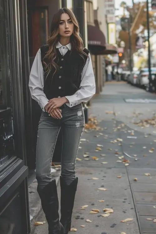 a woman wears a black sweater vest, a shirt, grey jeans and black cowboy boots