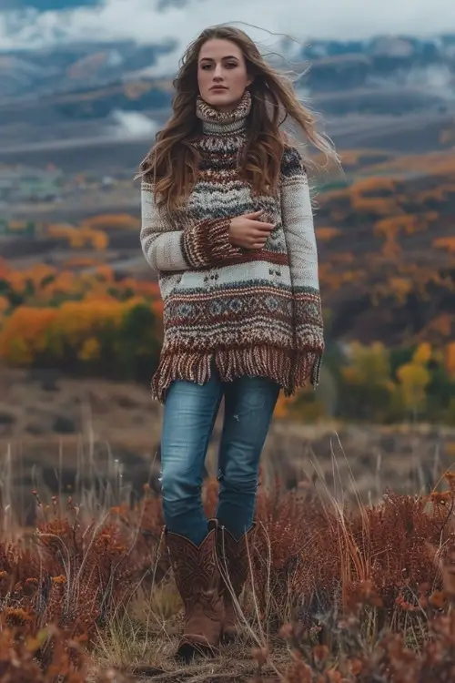 a woman wears a boho sweater, jeans and brown cowboy boots