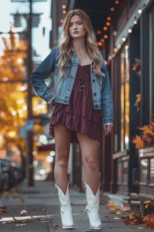 a woman wears a dark red dress, a denim jacket and white short cowboy boots