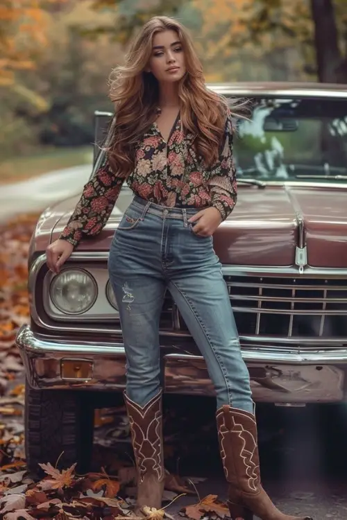 a woman wears a floral top, jeans and brown cowboy boots