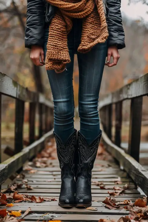 a woman wears a jacket, a scrarf, jeans and black cowboy boots
