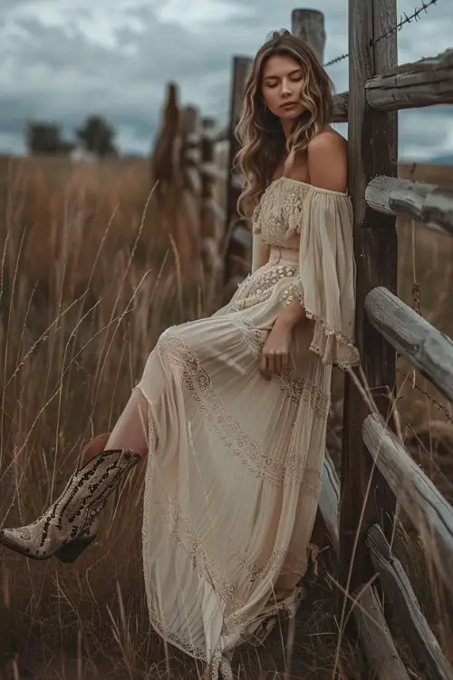 a woman wears a long dress and snakeskin cowboy boots