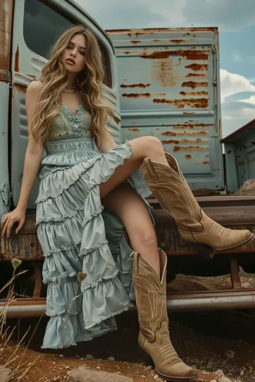 a woman wears a ruffle blue dress and brown cowboy boots