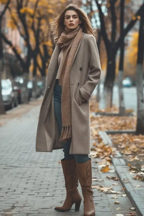 a woman wears a trench coat, jeans and brown cowboy boots