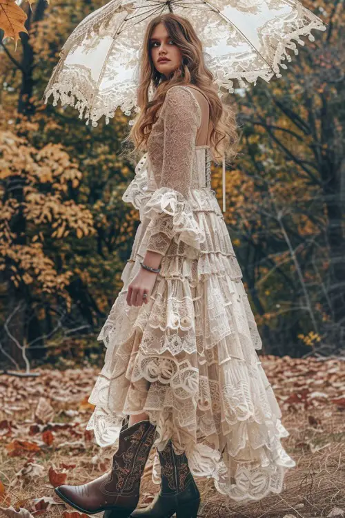 a woman wears a white lace tiered dress and brown cowboy boots