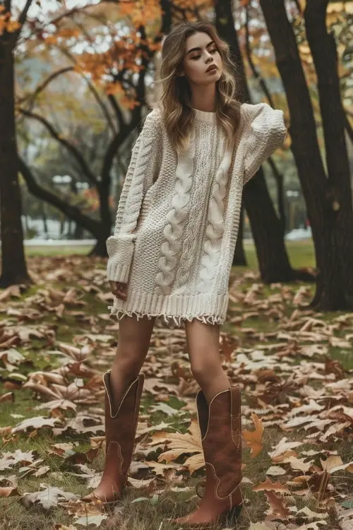 a woman wears a white sweater dress and brown cowboy boots