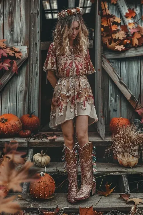 a woman wears decorative dress and brown cowboy boots