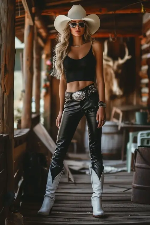 a woman wears white cowboy boots, a black top and black pants (2)