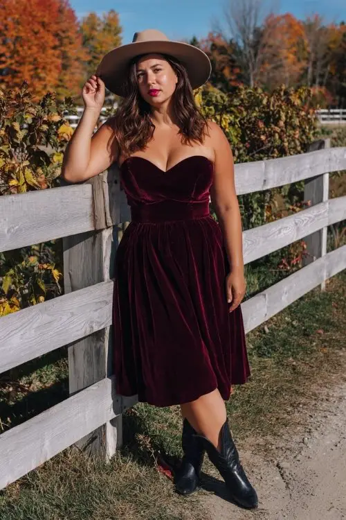 A curvy woman in a burgundy velvet A-line midi dress with a sweetheart neckline, styled with black pointed-toe cowboy boots