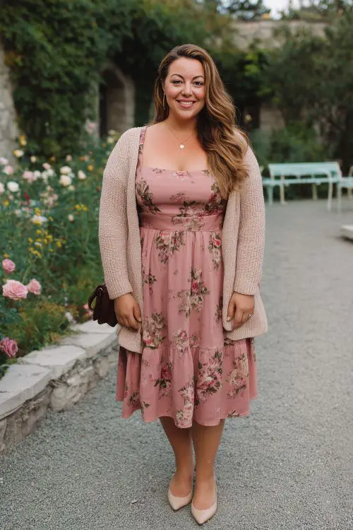 A curvy woman in a dusty rose floral midi dress with a square neck and layered skirt, styled with a soft cardigan and classic flats