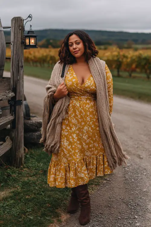 A curvy woman in a mustard floral tea-length dress with ruffled hem, paired with dark brown heeled dress boots and a cashmere shawl