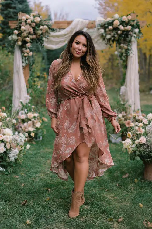 A curvy woman wearing a long-sleeve floral wrap dress in shades of rust and blush