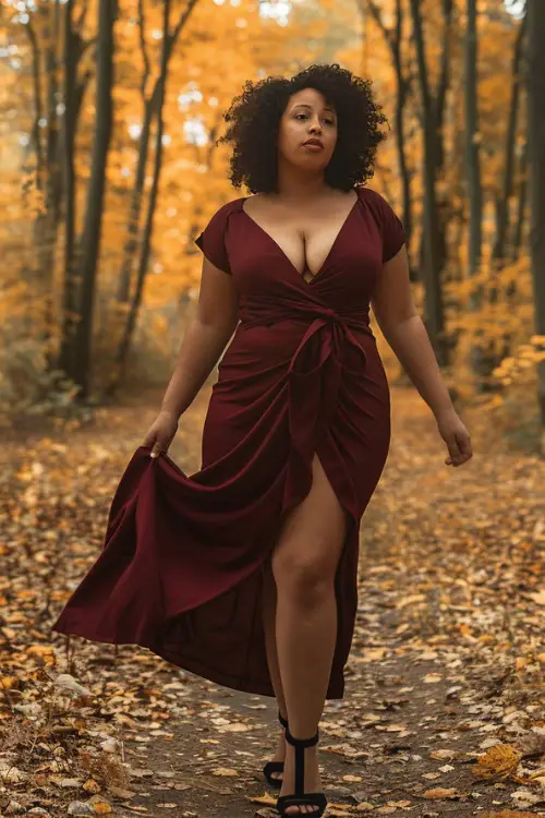 A curvy woman wears a burgundy wedding guest dress with a deep neckline, front slit, and black ankle strap heels