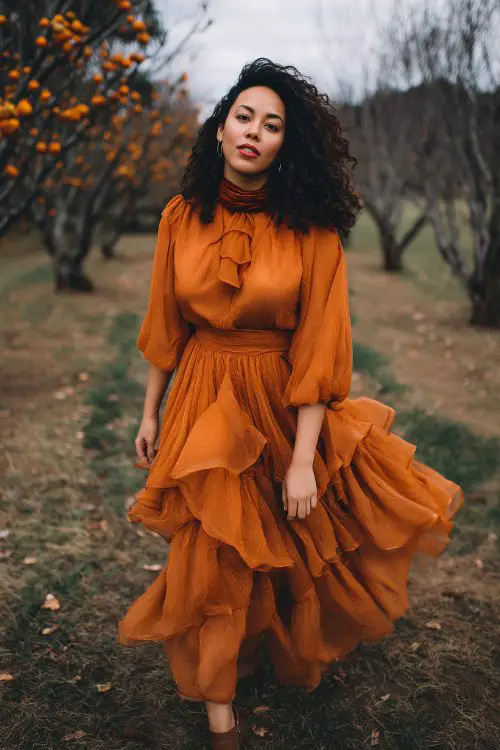 A curvy woman wears a cinnamon-toned organza dress with tiered asymmetrical layers and a velvet collar