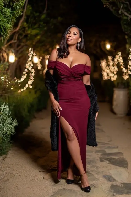 A curvy woman wears an off-shoulder burgundy mermaid gown with a slit, paired with black stilettos and a matching shawl