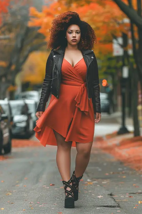A curvy woman wears an orange wrap-style wedding guest dress with a black leather jacket and strappy heels