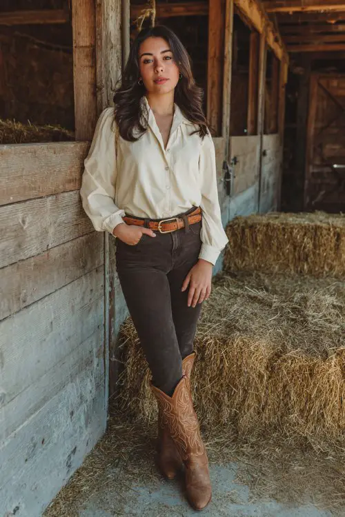 A curvy woman wears bootcut jeans, black suede cowboy boots, and a cream blouse tucked into a brown belt