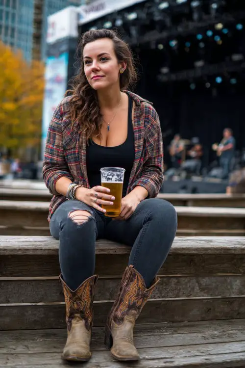 A curvy woman wears dark skinny jeans, a knotted plaid shirt over a black tank, and embroidered brown cowboy boots