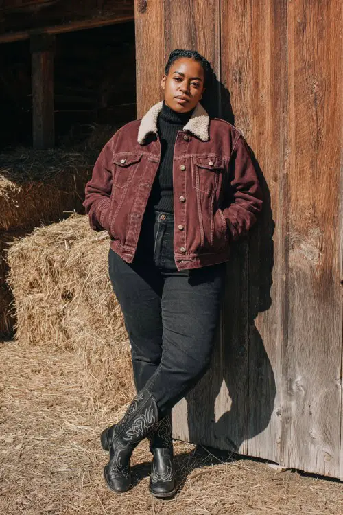 A curvy woman wears dark skinny jeans, a maroon turtleneck under a shearling-lined denim jacket, and black embroidered cowboy boots